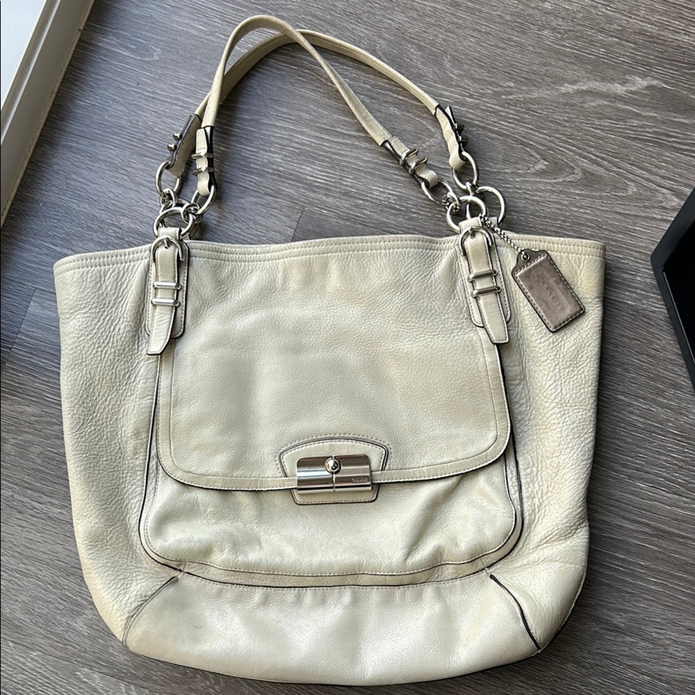 Vintage Coach Kristin East West y2k Shimmery Ivory Leather Large Tote Bag